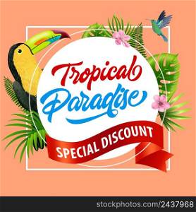 Tropical paradise, special discount flyer design with pink blossoms, red ribbon, leaves and tropical birds on coral background. Text on white circle can be used for signs, labels, posters