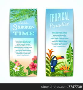 Tropical paradise summer time vertical banner set with exotic plants flowers and bird isolated vector illustration