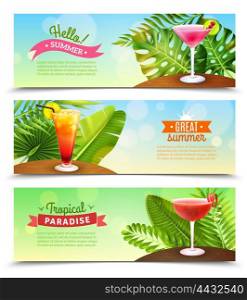 Tropical Paradise Vacations 3 Banners Set . Tropical paradise summer vacation 3 horizontal bright sunny banners set with rum punch cocktails isolated vector illustration