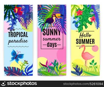 Tropical Paradise Vertical Banners Collection . Tropical paradise summer vacation 3 vertical colorful background banners set with plants flowers toucan flamingo isolated vector illustration