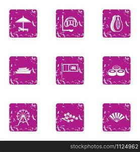 Tropical park entertainment icons set. Grunge set of 9 tropical park entertainment vector icons for web isolated on white background. Tropical park entertainment icons set, grunge style