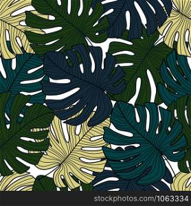 Tropical pattern, botanical leaf seamless pattern. Green monstera leaves backdrop. Exotic design for rrinting, textile, fabric, fashion, interior, wrapping paper concept. Vector illustration. Tropical pattern, botanical leaf seamless pattern. Green monstera leaves backdrop.