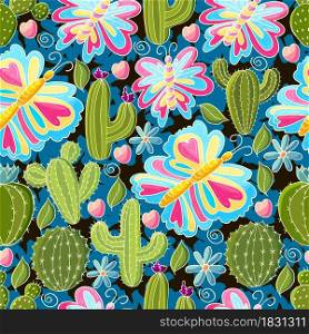Tropical pattern of various cacti, aloe. Seamless botanical illustration. Butterfly, flowering exotic plants. Cute vector illustration. Cartoon images of cactus. Cacti, aloe, succulents. Decorative natural elements