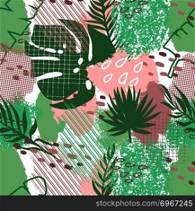Tropical pattern, palm leaves floral jungle background. Exotic plant with spots and brush strokes. Summer nature print. Abstract seamless vector. Tropical pattern, palm leaves floral jungle background