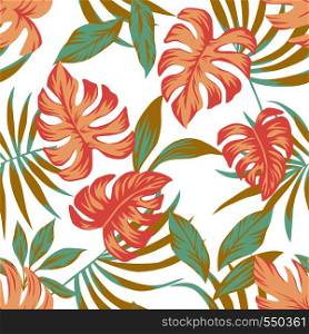 Tropical pattern spring abstract color leaves white background. Fresh summer seamless illustration