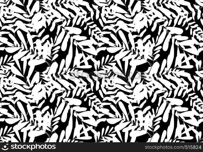 Tropical pattern, vector floral background. palm leaves seamless pattern, Abstact black leaves. Seamless repeating pattern with silhouettes of palm tree leaves in black on white background.