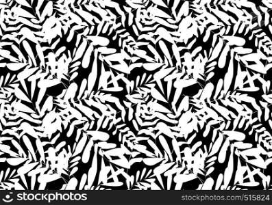 Tropical pattern, vector floral background. palm leaves seamless pattern, Abstact black leaves. Seamless repeating pattern with silhouettes of palm tree leaves in black on white background.