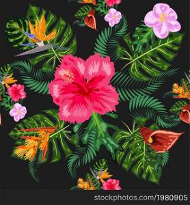 Tropical pink orchid flowers, monstera, banana palm leaves seamless pattern. Jungle foliage illustration. Exotic plants. Summer beach floral design. Paradise nature. Tropical pink orchid flowers, monstera, banana palm leaves seamless pattern. Jungle foliage illustration. Exotic