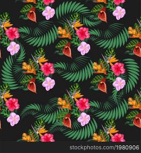 Tropical pink orchid flowers, monstera, banana palm leaves seamless pattern. Jungle foliage illustration. Exotic plants. Summer beach floral design. Paradise nature. Tropical pink orchid flowers, monstera, banana palm leaves seamless pattern. Jungle foliage illustration. Exotic