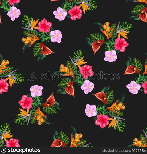 Tropical pink orchid flowers, monstera, banana palm leaves seamless pattern. Jungle foliage illustration. Exotic plants. Summer beach floral design. Paradise nature. Tropical pink orchid flowers, monstera, banana palm leaves seamless pattern. Jungle foliage illustration. Exotic