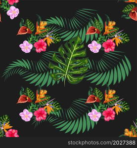 Tropical pink orchid flowers, monstera, banana palm leaves seamless pattern. Jungle foliage illustration. Exotic plants. Summer beach floral design. Paradise nature. Tropical pink orchid flowers, monstera, banana palm leaves seamless pattern. Jungle foliage illustration. Exotic