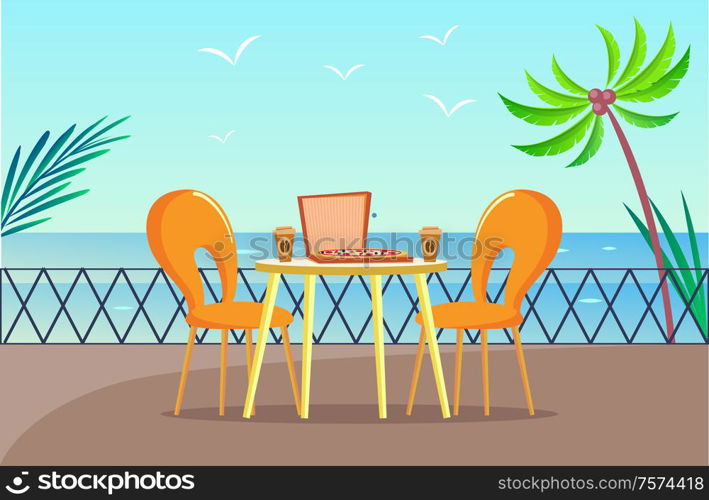 Tropical pizzeria table at balcony with sea view vector. Pizza and coffee, restaurant furniture and palms, chairs and gull over ocean, Italian food meal. Tropical Pizzeria Table at Balcony with Sea View