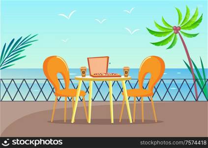 Tropical pizzeria table at balcony with sea view vector. Pizza and coffee, restaurant furniture and palms, chairs and gull over ocean, Italian food meal. Tropical Pizzeria Table at Balcony with Sea View