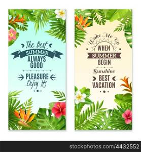 Tropical Plants 2 Colorful Vacation Banners . Summer vacation in tropical rainforest 2 vertical banners with hibiscus and bird paradise plants flowers isolated vector illustration
