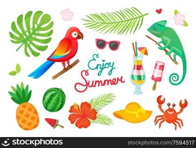 Tropical plants and animals, enjoy summer, cocktails and fruits vector. Parrot and gecko, ice cream and drink, palm leaves and watermelon, pineapple. Enjoy Summer, Tropical Wild Plants and Animals