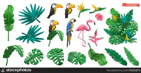 Tropical plants and flowers, exotic birds. Toucan, parrot, flamingo. Jungle plasticine art icon set. 3d vector objects