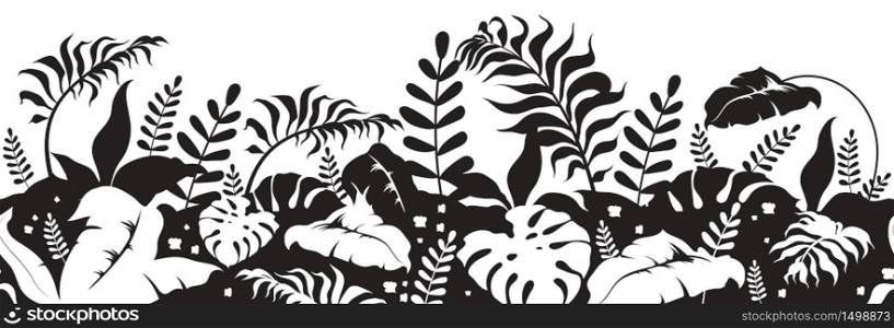 Tropical plants black silhouette seamless border. Jungle vegetation landscape monochrome vector illustration. Palm tree leaves decorative ornament design. Botanical repeating pattern. Tropical plants black silhouette seamless border