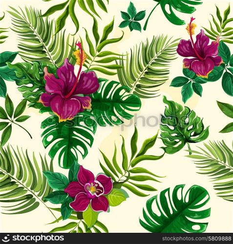 Tropical plants flowers seamless pattern. Exotic tropical rainforest plants opulent green leaves with hibiscus flowers wrap paper seamless pattern abstract vector illustration