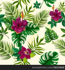 Tropical plants flowers seamless pattern. Exotic tropical rainforest plants opulent green leaves with hibiscus flowers wrap paper seamless pattern abstract vector illustration