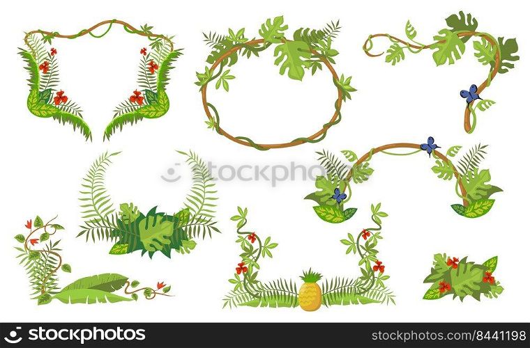 Tropical plants frame set. Jungle forest branches and leaves. Vector illustration for border templates, online game, adventure, nature concept
