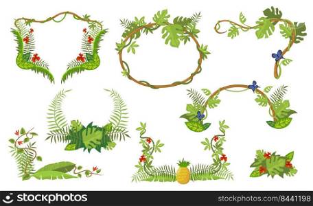 Tropical plants frame set. Jungle forest branches and leaves. Vector illustration for border templates, online game, adventure, nature concept