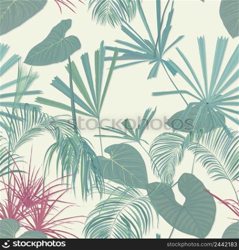 Tropical plants seamless pattern, hand drawn vector wallpaper composition