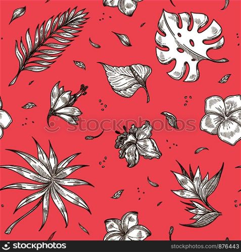 Tropical plants sketches on pink backdrop in seamless pattern. Big palm leaves and exotic hibiscus buds inside endless texture. Summer beach and floral motifs cartoon flat vector illustration.. Tropical plants sketches on pink backdrop in seamless pattern