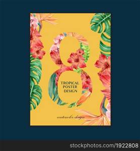 Tropical Poster design summer with plants foliage exotic, creative watercolor vector illustration template design