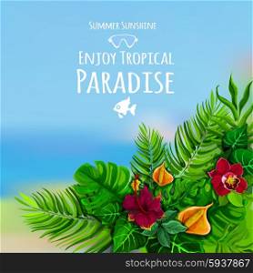 Tropical poster with monstera flower and sea on background vector illustration. Tropical Background With Monstera