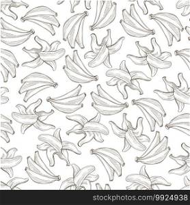 Tropical products, peeled banana skin seamless pattern. Organic ingredients for dieting and nutrition. Assortment of fresh food, snack or dessert. Monochrome sketch outline, vector in flat style. Banana tropical fruit, organic exotic food seamless pattern