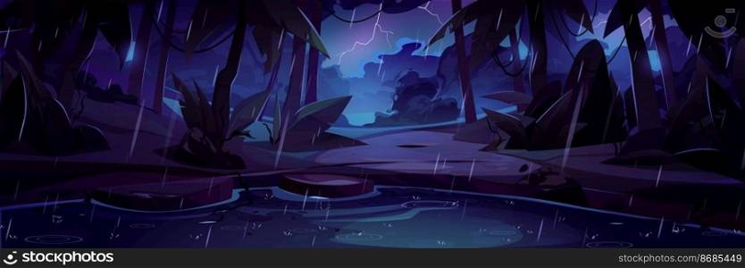 Tropical rain in night jungle forest with sw&or lake under thunderstorm shower and lightnings natural landscape. Game background with pond and palm trees in darkness, Cartoon vector illustration. Tropical rain in night jungle forest with sw&