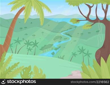 Tropical rainforest flat color vector illustration. Natural paradise. Undeveloped jungle environment. Wildlife spotting. Forested 2D simple cartoon landscape with river and lush foliage on background. Tropical rainforest flat color vector illustration