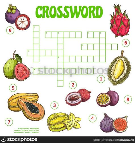 Tropical raw fruits crossword grid worksheet, find a word vector quiz game. Crossword puzzle with names of exotic berries. Fill in squares riddle with isolated papaya, lychee, durian, fig and maracuya. Tropical raw fruits crossword grid worksheet