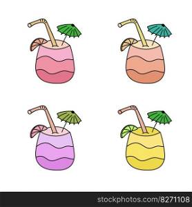Tropical Refreshing drinks with decorative umbrella. Multicolor options. Doodle Vector illustration. Hand drawn illustration for sticker pack, cover, postcards, print, social media, icon, scrapbooking. Tropical Refreshing drinks with decorative umbrella. Multicolor options. Doodle Vector illustration.