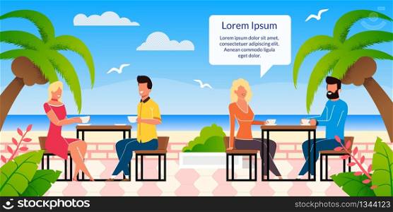 Tropical Resort Beach Cafe, Restaurant with Outdoor Seating Flat Vector Banner, Poster Template with Happy Couples, Man and Woman Lunching, Drinking Coffee on Beach Cafeteria Terrace Illustration