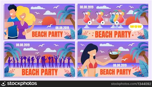 Tropical Resort, Cocktail Bar, Holiday Beach Party Flat Vector Advertising Banners, Posters or Greeting Card Templates Set with Couple in Love, Guests Crowd, Woman in Bikini on Seashore Illustration