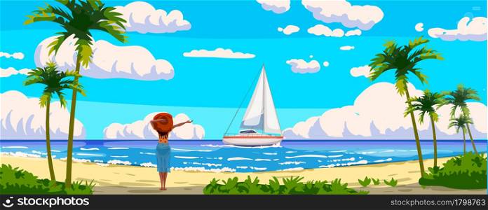 Tropical resort landscape panorama, woman on the beach, sailboat. Sea shore sand, exotic palms, coastline, clouds, sky, summer vacation. Vector illustration cartoon style isolated. Tropical resort landscape panorama, woman on the beach, sailboat. Sea shore sand, exotic palms, coastline, clouds, sky, summer vacation. Vector illustration cartoon style