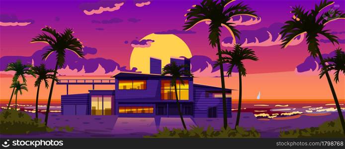 Tropical resort luxury Villa for rest, vacation. Modern architecture with exotic palms, sea, ocean, beach coastline. Seaview summer landscape. Vector illustration cartoon style isolated. Tropical resort luxury Villa for rest, vacation. Modern architecture with exotic palms, sea, ocean, beach coastline. Seaview summer landscape. Vector illustration cartoon style
