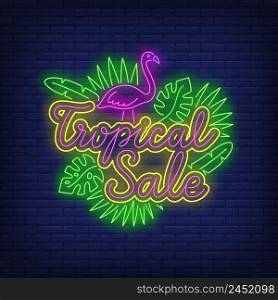 Tropical sale neon text with flamingo and leaves. Resort, tourism, shopping design. Night bright neon sign, colorful billboard, light banner. Vector illustration in neon style.