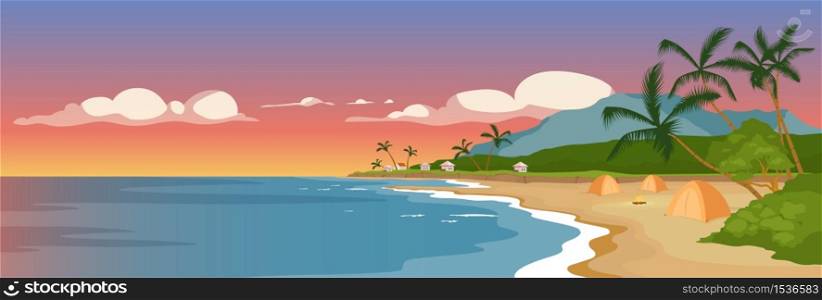 Tropical sandy beach flat color vector illustration. Wild sea shore and palm trees. Marine town panoramic view. Summer camping. Tents on ocean coast 2D cartoon landscape with sunset sky on background. Tropical sandy beach flat color vector illustration