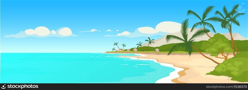 Tropical sandy beach flat color vector illustration. Wild sea shore and palm trees scene. Marine town panoramic view. Summer recreation. Exotic paradise 2D cartoon landscape ocean coast on background. Tropical sandy beach flat color vector illustration