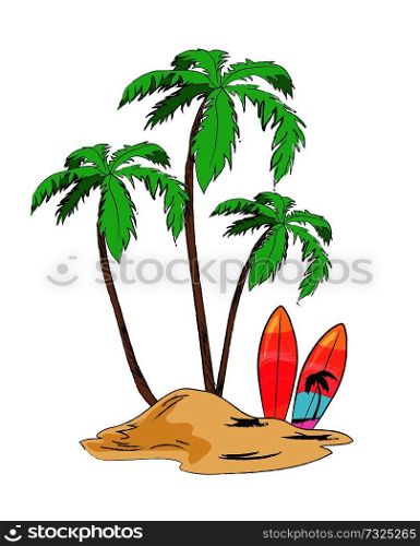 Tropical sandy island with tall palms with big leaves and bright surfboards isolated cartoon vector illustration on white background.. Tropical Island with Palms and Bright Surfboards