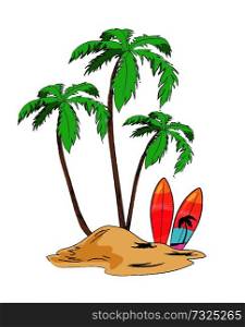 Tropical sandy island with tall palms with big leaves and bright surfboards isolated cartoon vector illustration on white background.. Tropical Island with Palms and Bright Surfboards