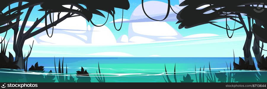 Tropical sea beach with jungle plants in water. Vector cartoon panoramic illustration of summer island landscape with silhouettes of rainforest trees, lianas and grass. Tropical sea beach with jungle plants in water