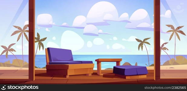 Tropical sea beach with wooden terrace with table and couch. Vector cartoon illustration of house patio with glass walls, sofa, chair and view to ocean landscape with sand coast and palm trees. Tropical sea beach with wooden terrace