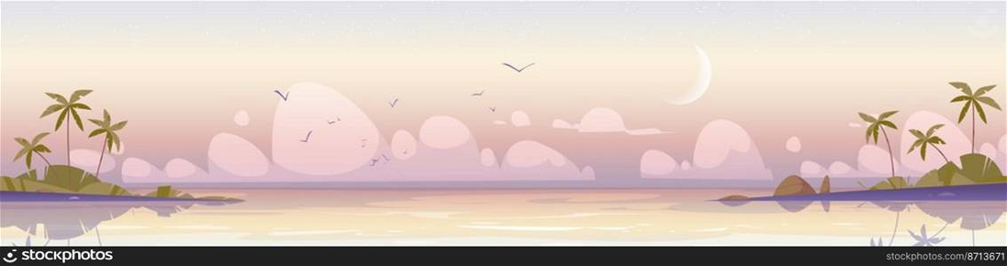 Tropical sea landscape with palm trees on shore in early morning. Vector cartoon illustration of seascape panorama, ocean lagoon or harbor, sand beach, flying birds and moon in sky. Tropical sea landscape in early morning