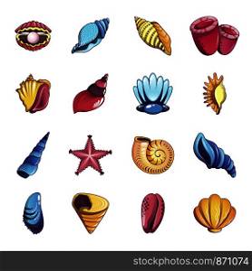 Tropical sea shell icons set. Cartoon illustration of 16 tropical sea shell vector icons for web. Tropical sea shell icons set, cartoon style