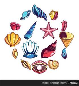Tropical sea shell icons set. Cartoon illustration of 16 tropical sea shell vector icons for web. Tropical sea shell icons set, cartoon style