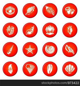 Tropical sea shell icons set vector red circle isolated on white background . Tropical sea shell icons set red vector