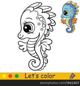Tropical seahorse. Coloring book for preschool kids with easy educational gaming level. Freehand sketch drawing. Vector illustration. For print, game, education, party, design and decor. Cartoon cute and funny baby seahorse coloring